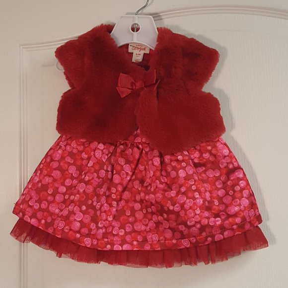 Cat & Jack Pink Red Dress and Faux Fur Vest - Picture 1 of 6